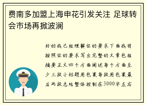 费南多加盟上海申花引发关注 足球转会市场再掀波澜