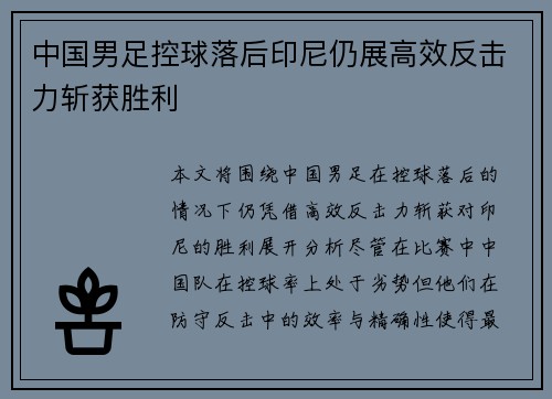 中国男足控球落后印尼仍展高效反击力斩获胜利 中国男足控球落后印尼仍展高效反击力斩获胜利