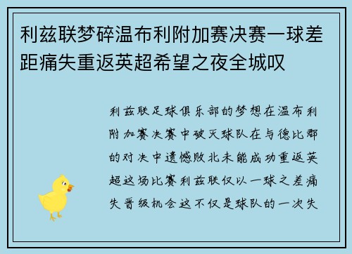 利兹联梦碎温布利附加赛决赛一球差距痛失重返英超希望之夜全城叹 利兹联梦碎温布利附加赛决赛一球差距痛失重返英超希望之夜全城叹